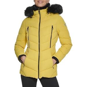 Guess Yellow Puffer Jacket with removable faux fur Hood size small